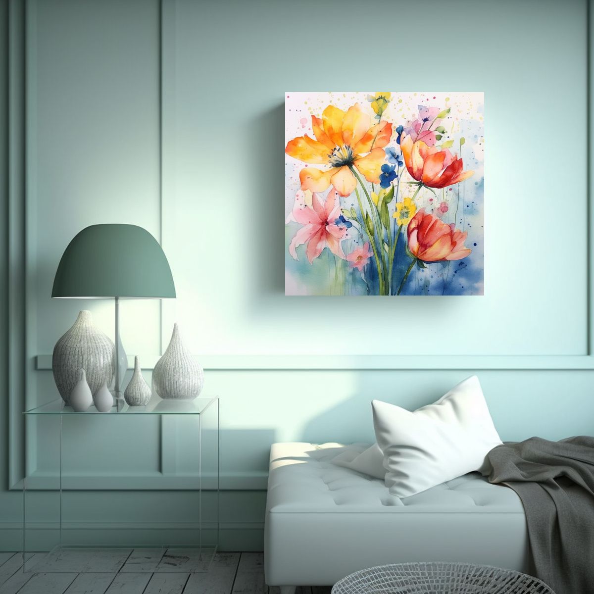 GENERICO - Composición Floral En Acuarela Cuadros 60x60 Cm