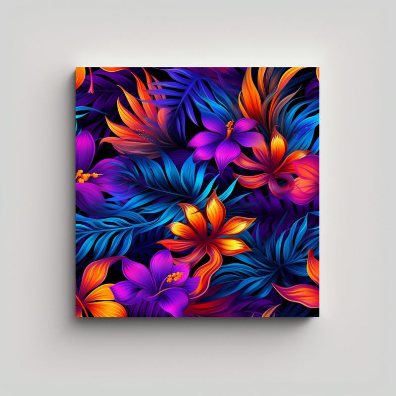 GENERICO - Cuadro 3D Neon De Flores Tropicales En Bastidor 80x80 Cm
