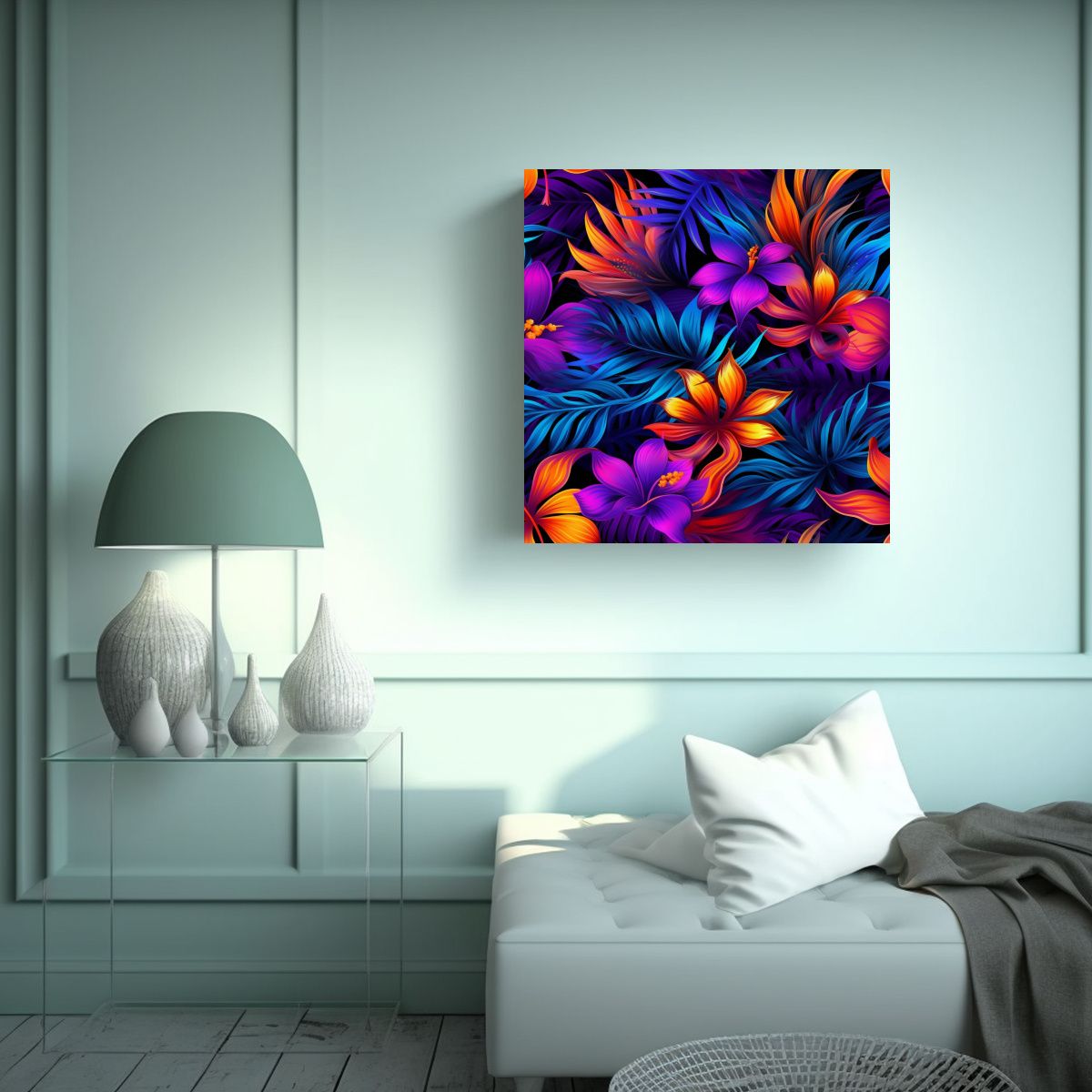 GENERICO - Cuadro 3D Neon De Flores Tropicales En Bastidor 60x60 Cm