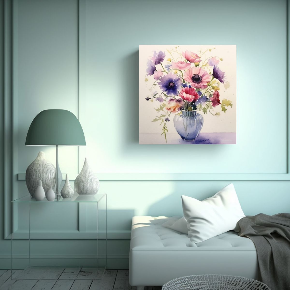 GENERICO - Pintura Acuarela Rosada De Flores En Jarrón - 90x90 Cm