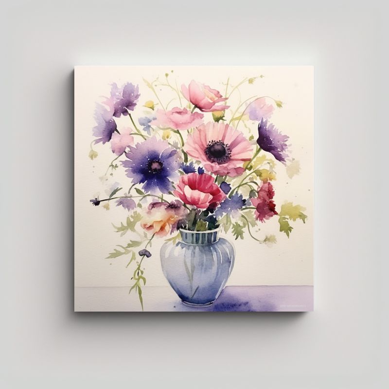 GENERICO - Pintura Acuarela Rosada De Flores En Jarrón - 50x50 Cm
