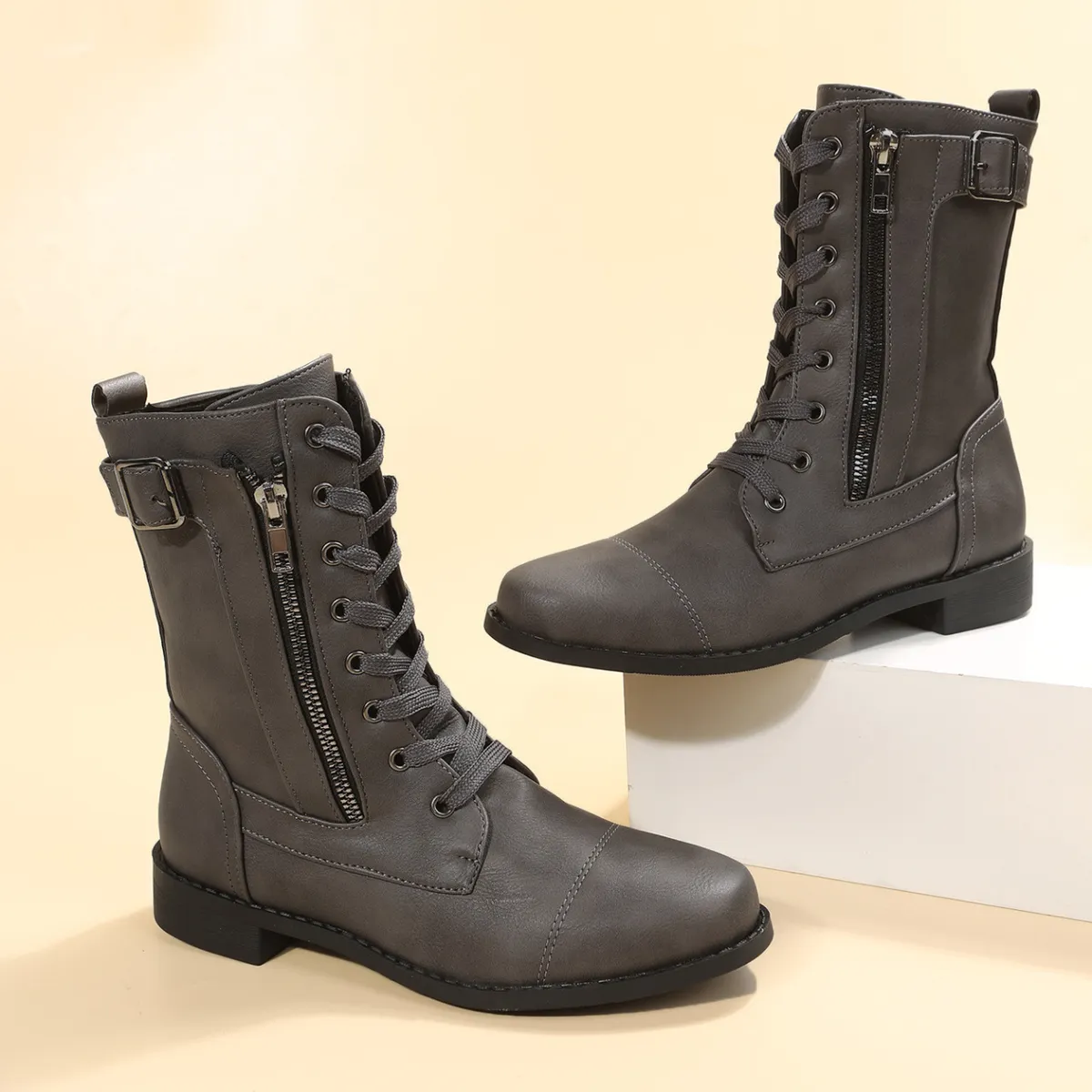 BLWOENS - Botas largas con cordones para Mujer-Gris
