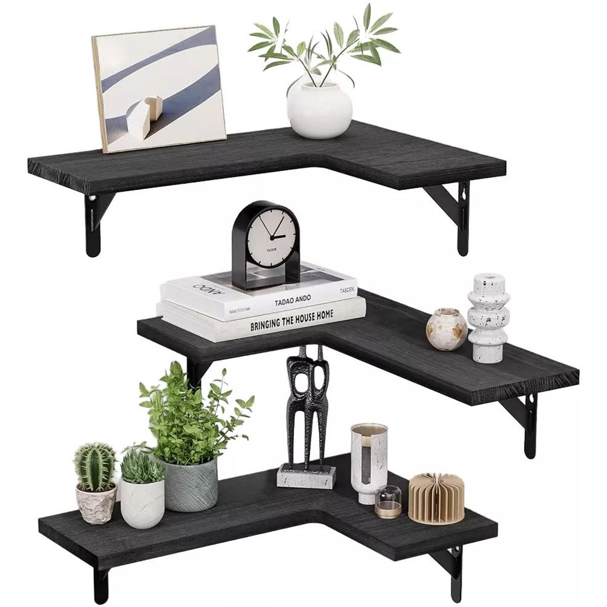 KUANGYE - Set Repisa Estante Minimalista Esquinera Flotante Moderna Color Negro