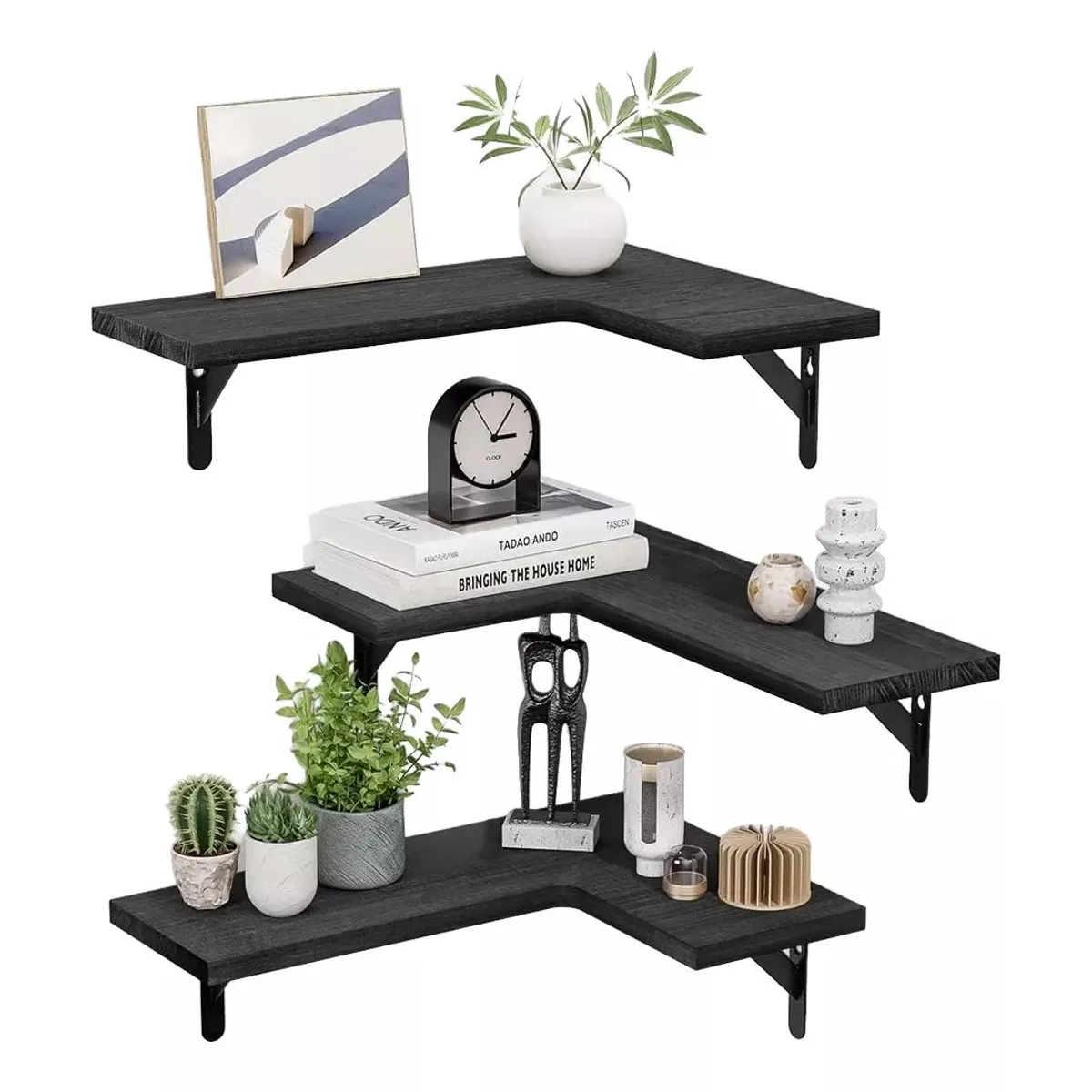 KUANGYE - Set Repisa Estante Minimalista Esquinera Flotante Moderna Color Negro