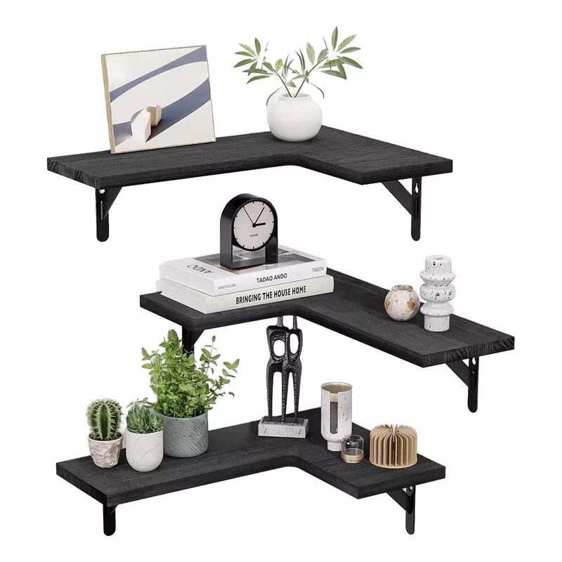 KUANGYE - Set Repisa Estante Minimalista Esquinera Flotante Moderna Color Negro