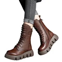 BLWOENS - Botas largas con plataforma y cordones para Mujer-Café