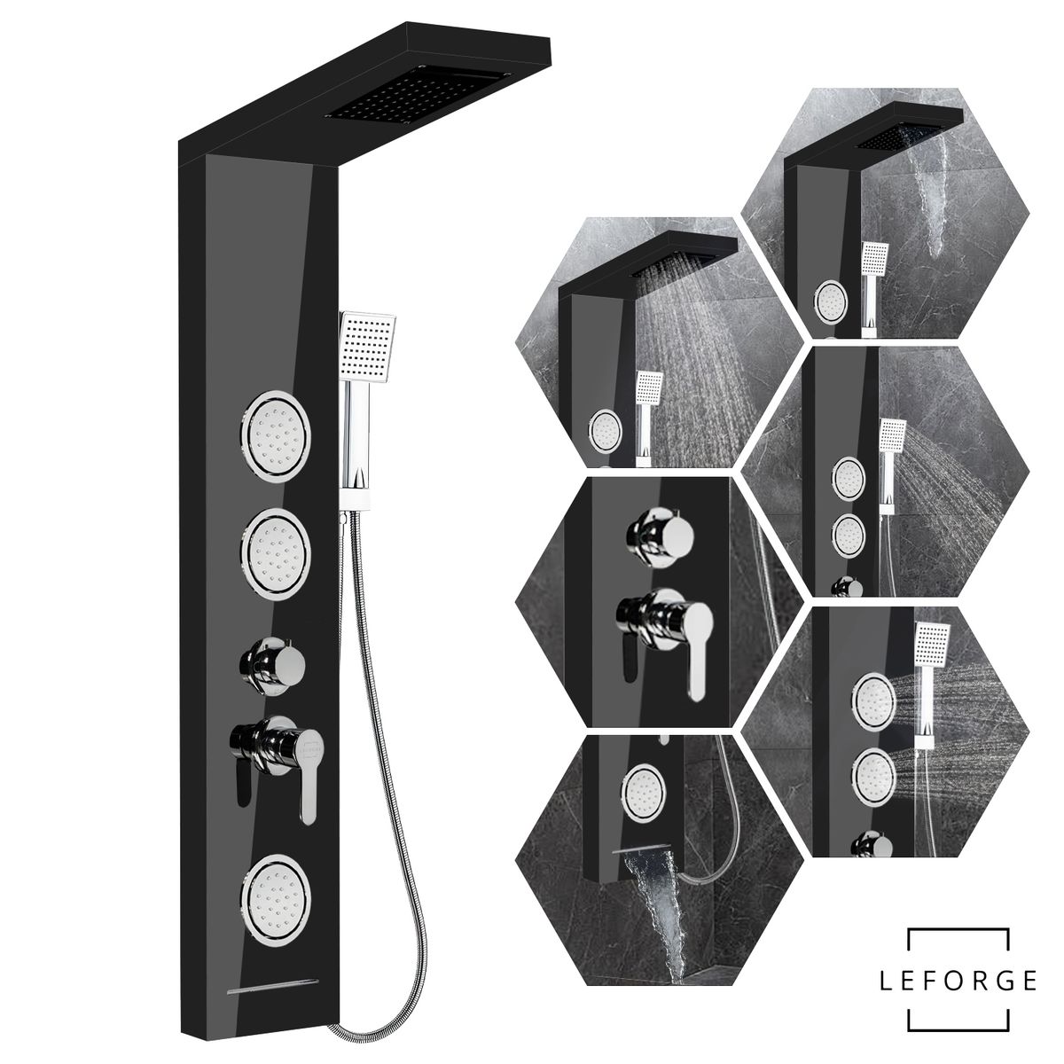 LEFORGE BAIN - Columna De Ducha Con 5 Funciones 129x22cm 3 Jets Negro Brillante