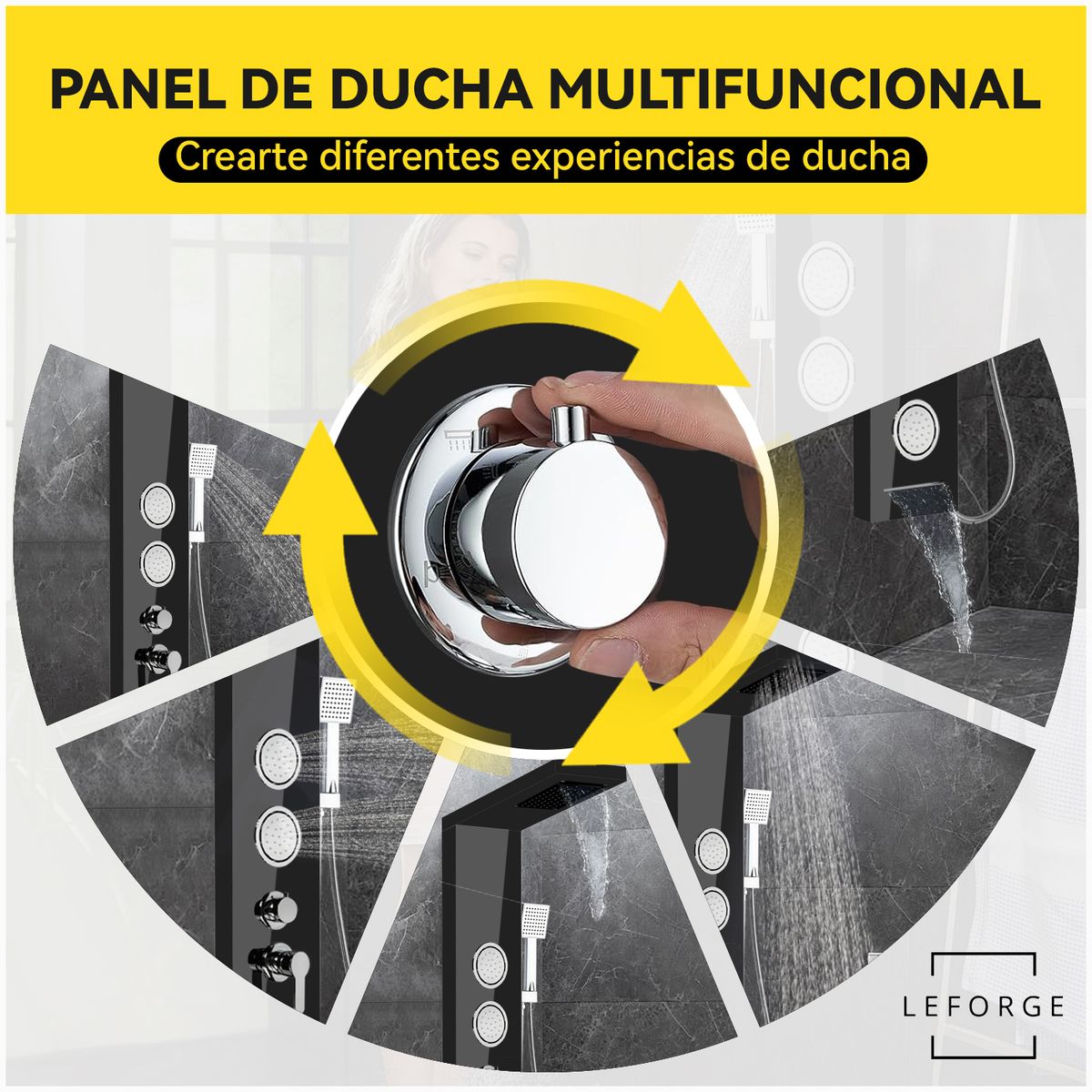 LEFORGE BAIN - Columna De Ducha Con 5 Funciones 129x22cm 3 Jets Negro Brillante