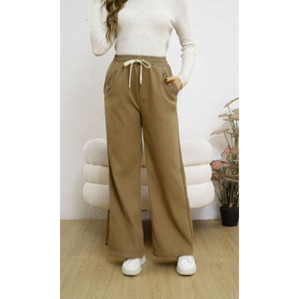 LIKE SHOP - Pantalón Mujer Pierna Ancha Wide Leg Cotele Otoño Invierno 7123