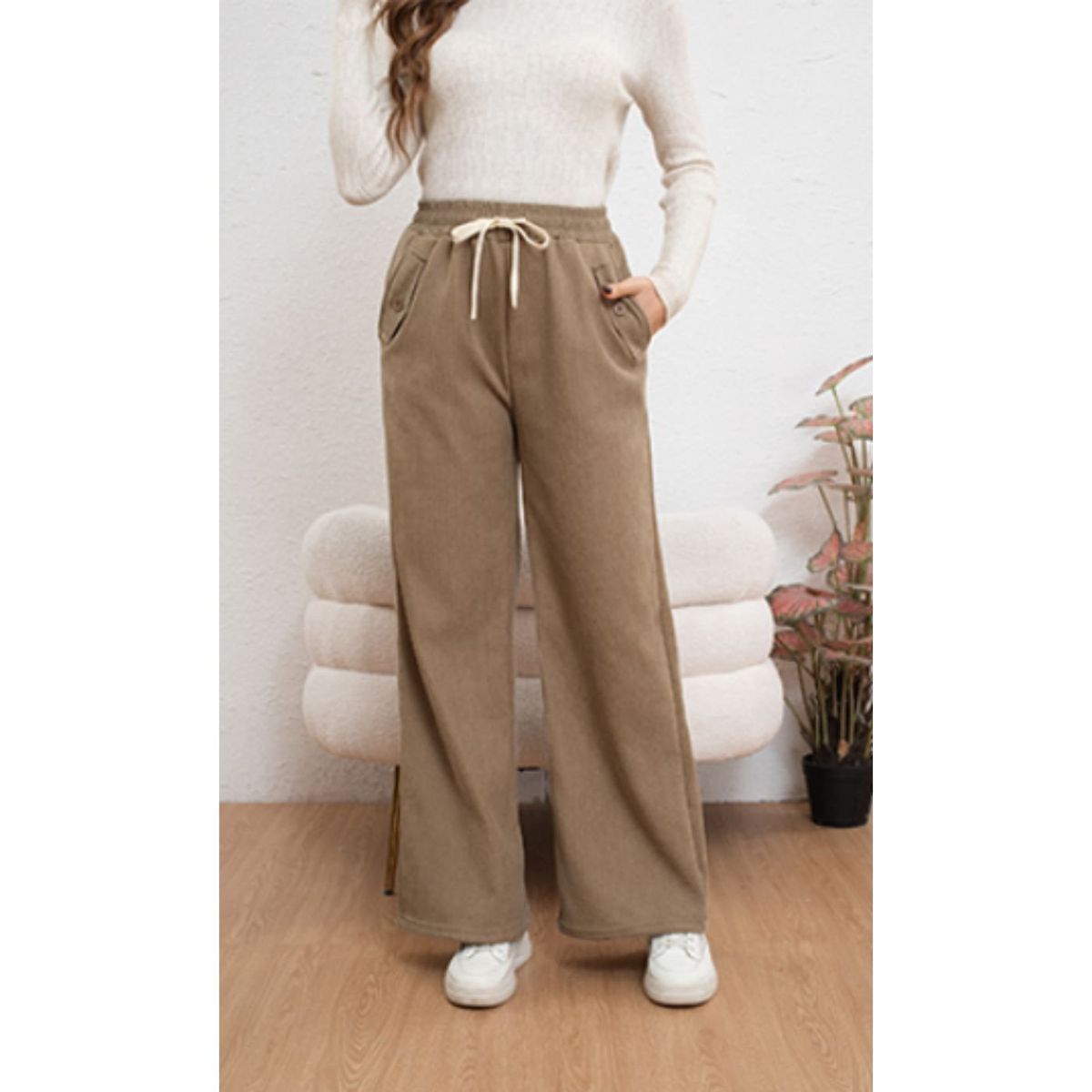 LIKE SHOP - Pantalón Mujer Pierna Ancha Wide Leg Cotele Otoño Invierno 7123