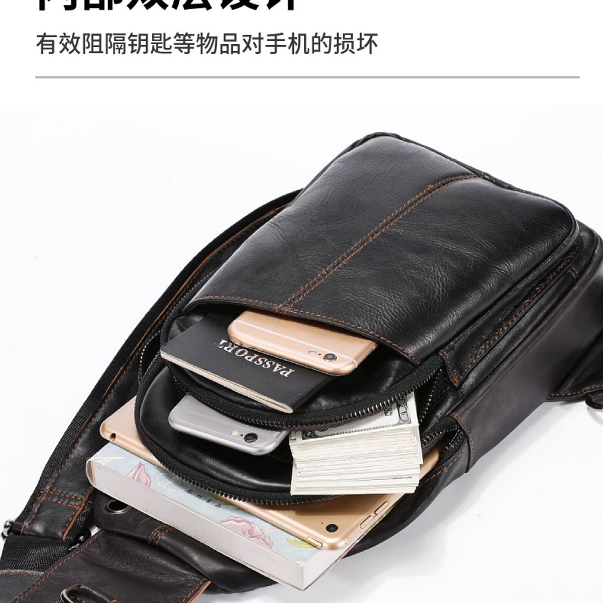 PUREPOWER - Bolso bandolera de piel de vaca de moda casual para hombre