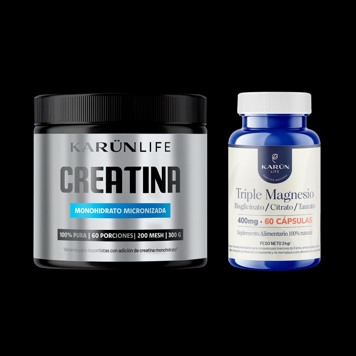 KARUNLIFE - Pack Rendimiento Potenciado  Creatina Monohidratada 300 gr + Triple Magnesio 60 Cap Karun Life