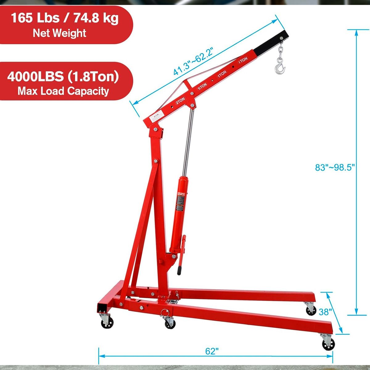 HOMEBRANDT - Tecle Grua Pluma Hidraulico 2 Toneladas Desmontable Hardpro