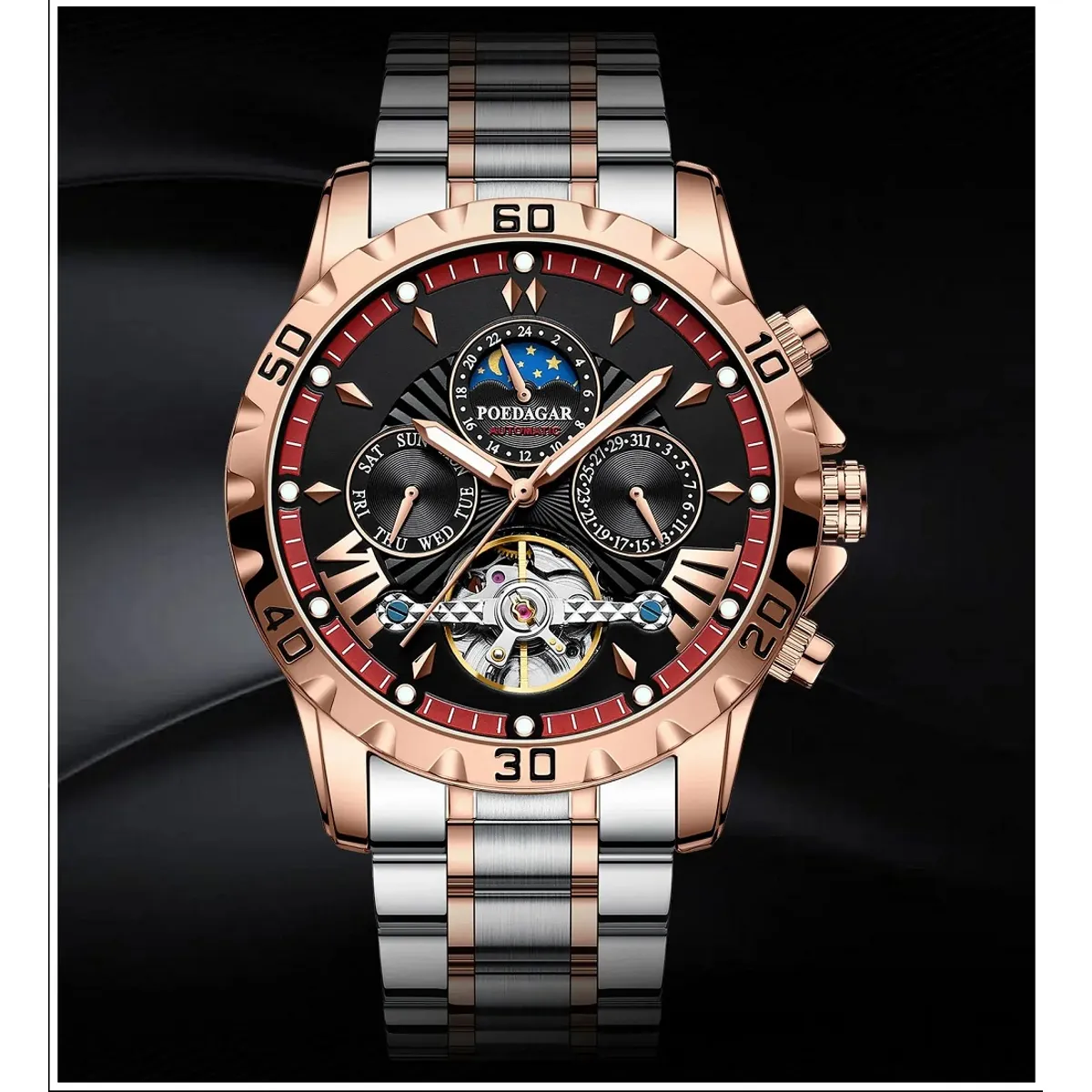 STARTECHOFFICE - Reloj Automático para Hombre Mecánico Tourbillon Impermeable 3ATM Acero Inoxidable Resistente