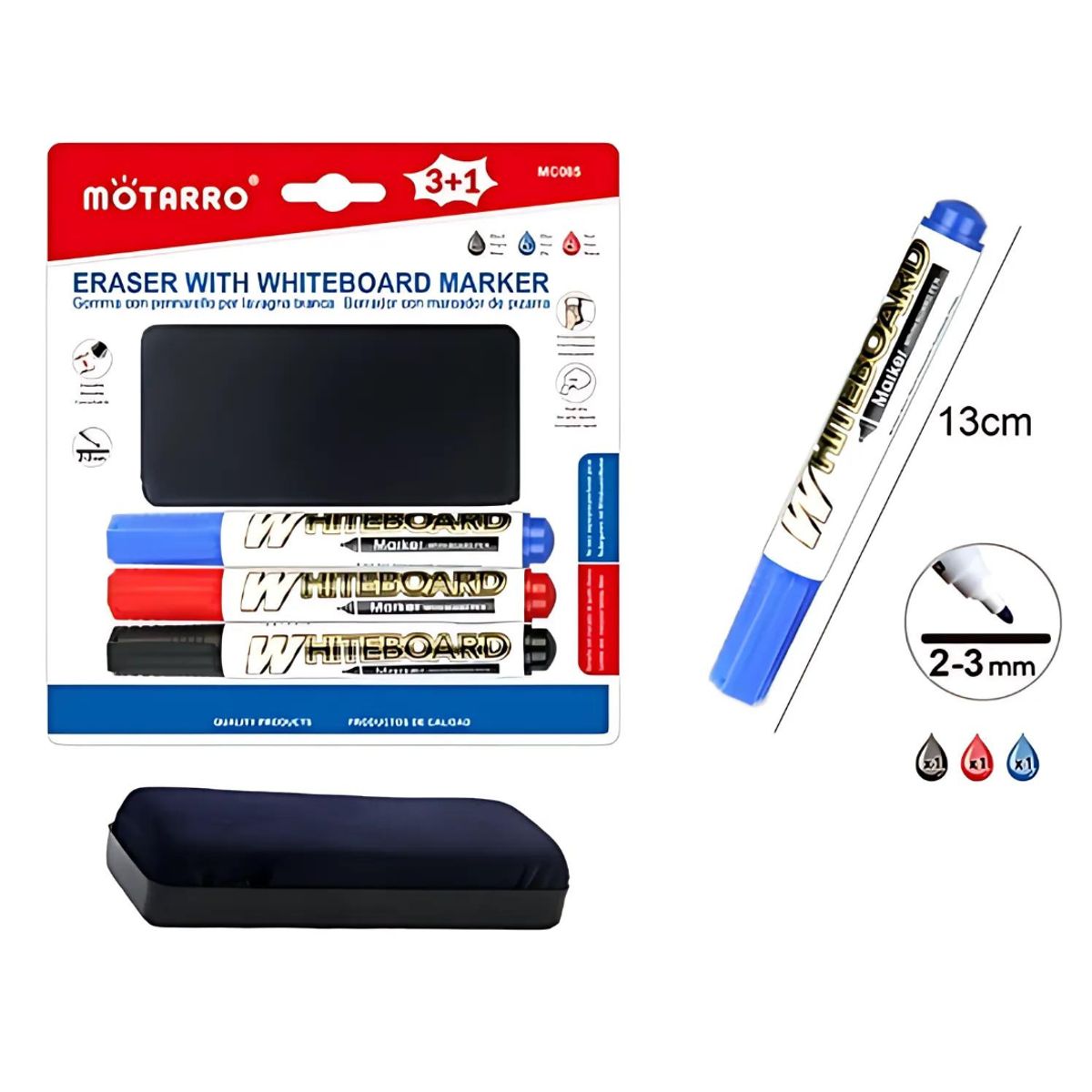 MOTARRO - Set De 3 Plumones Para Pizarra Blanca + Borrador