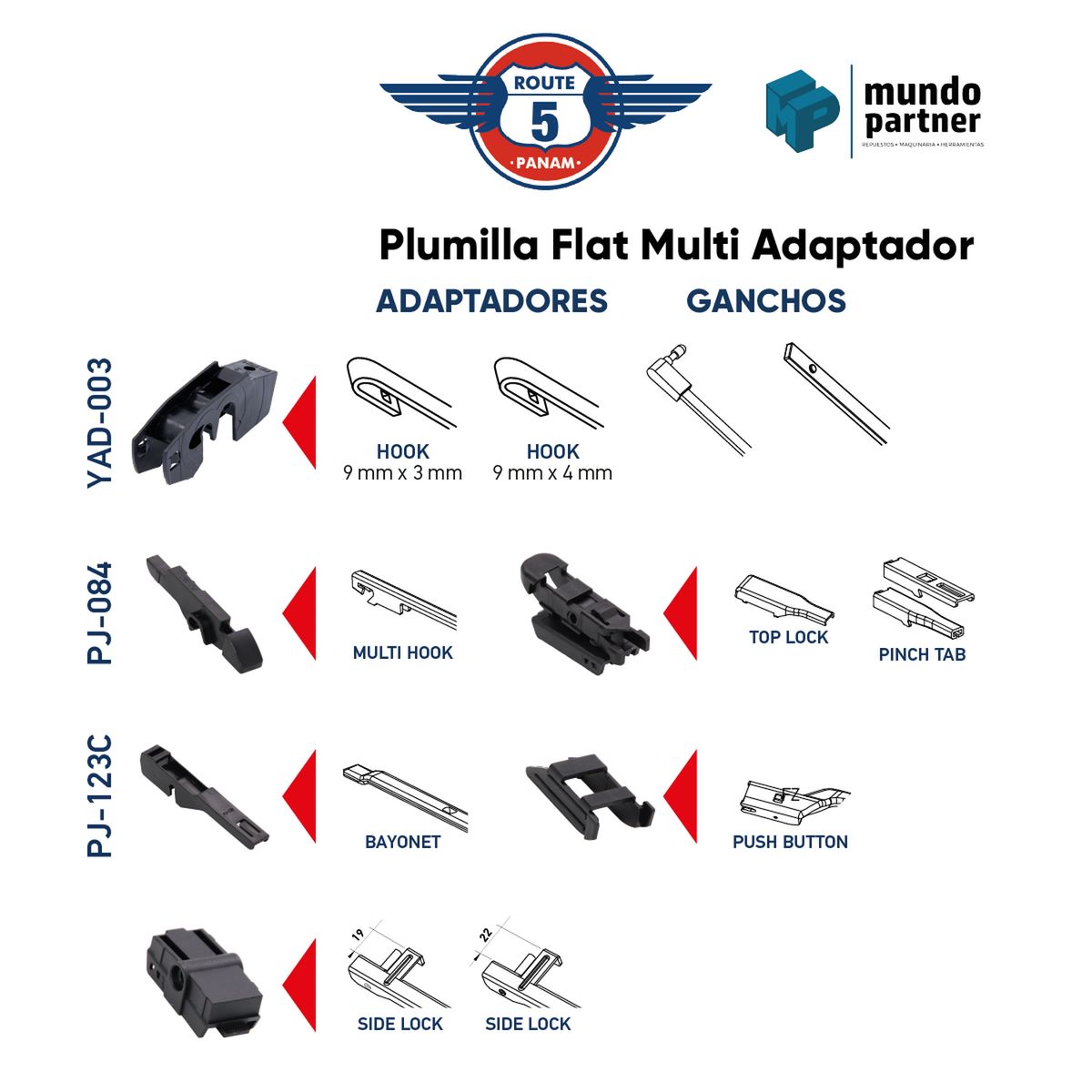 GENERICO - Plumilla Delantera 20 Pulgadas 50 Cm Multi Adaptadores 