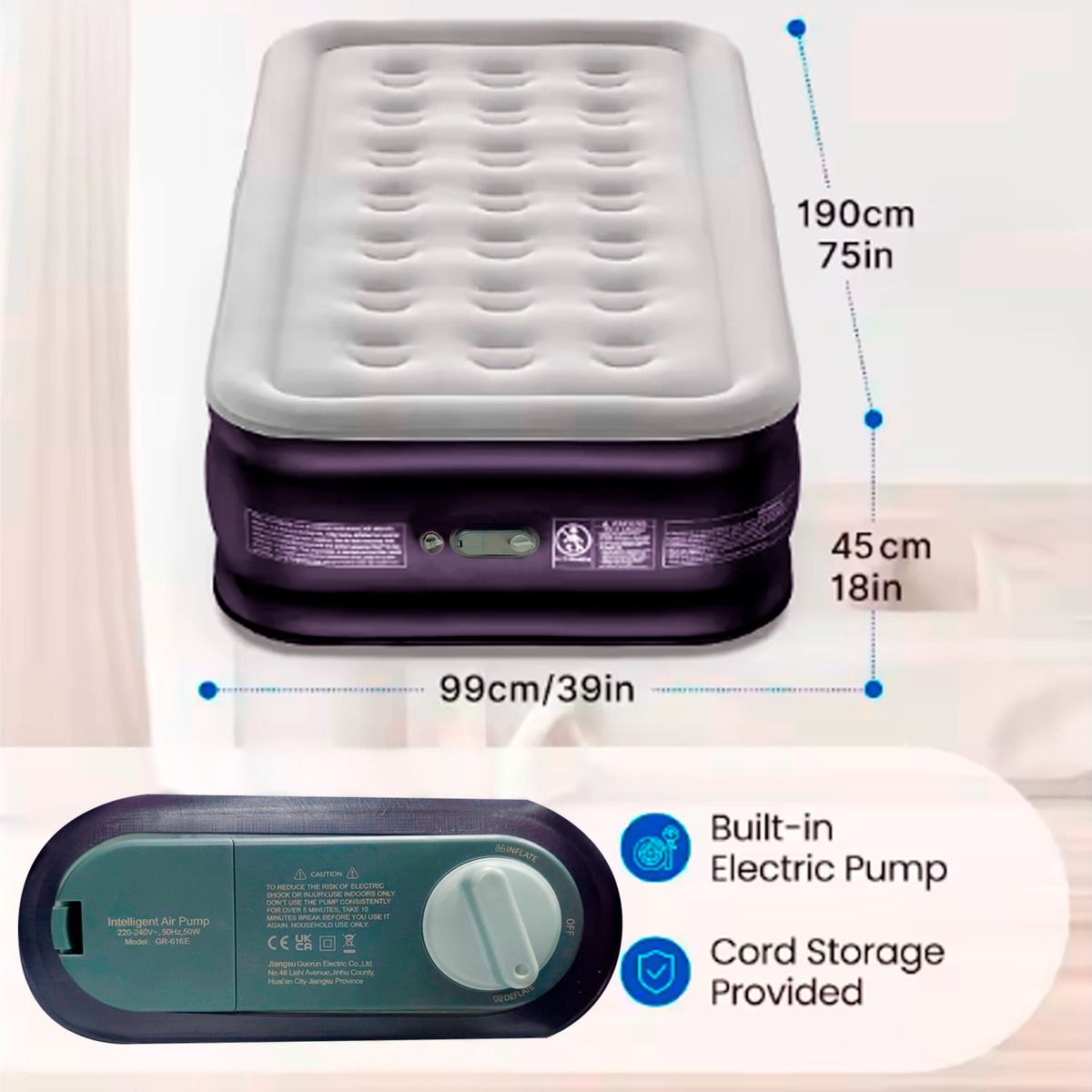 GENERICO - Colchon Inflable Electrico camping glamping 1 Plaza 45cm