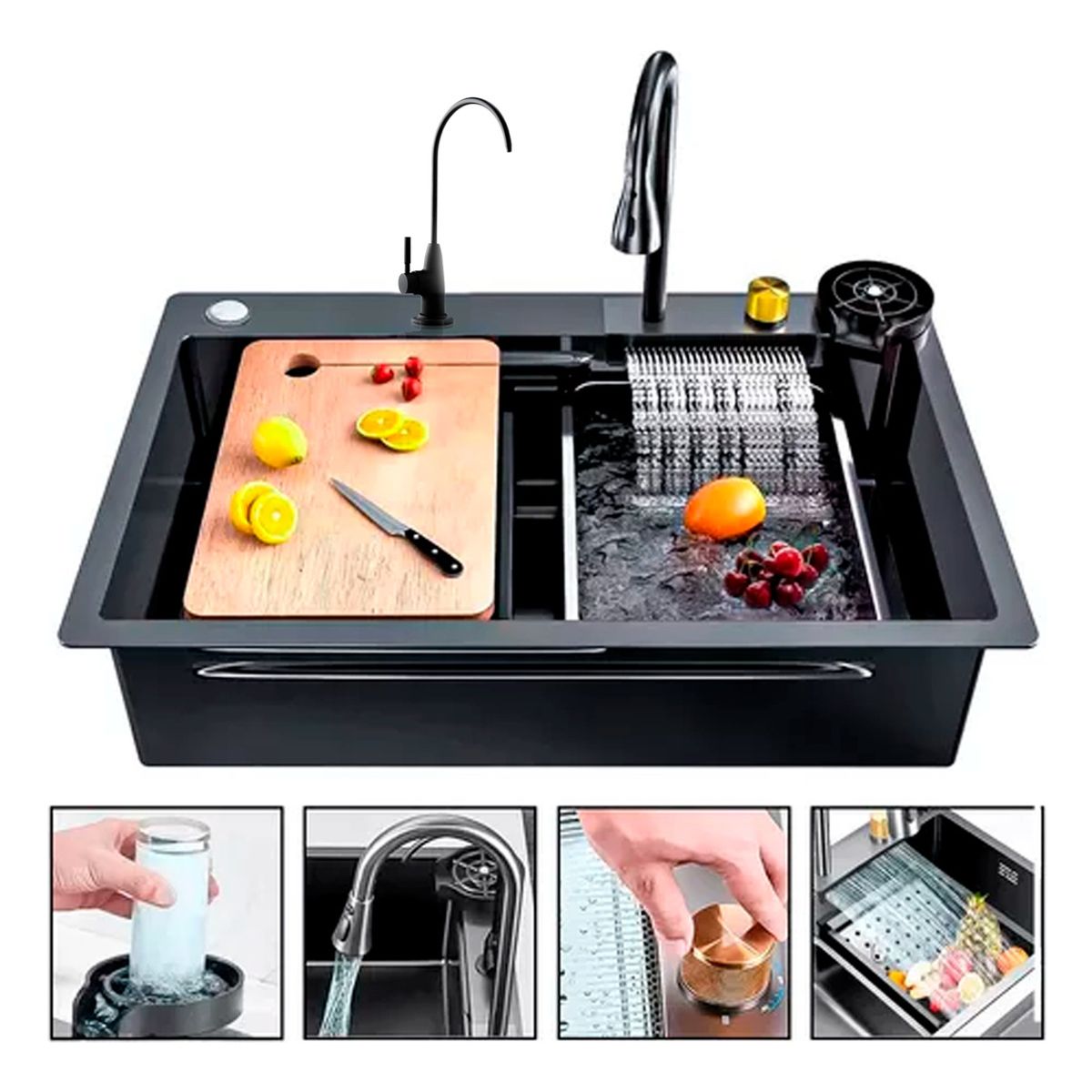 GENERICO - Lavaplatos Cascada Lavavasos Llave 2 Modos 68x45 Acero Inox