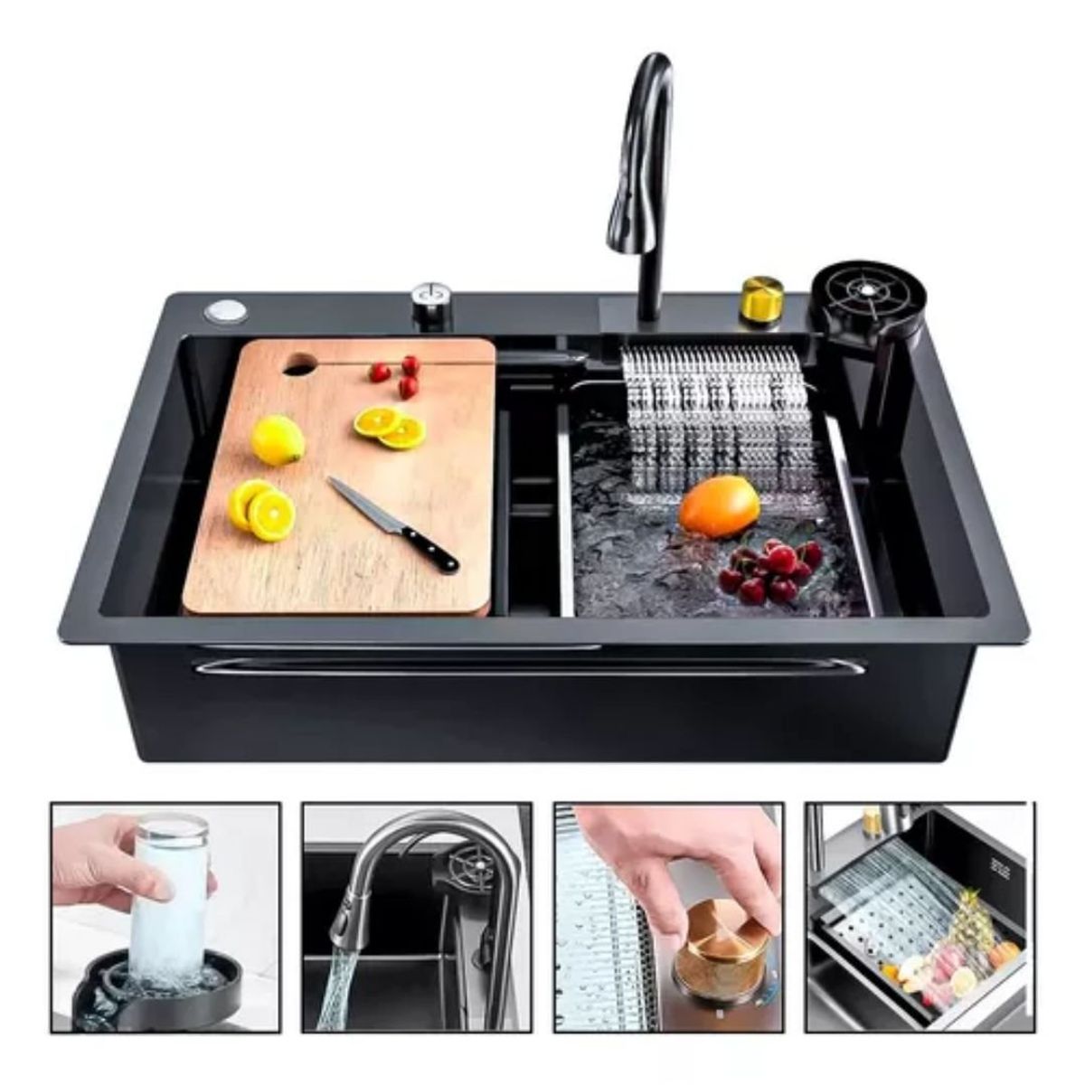 GENERICO - Lavaplatos Cascada Lavavasos Llave 2 Modos 75x46 Acero Inoxidable