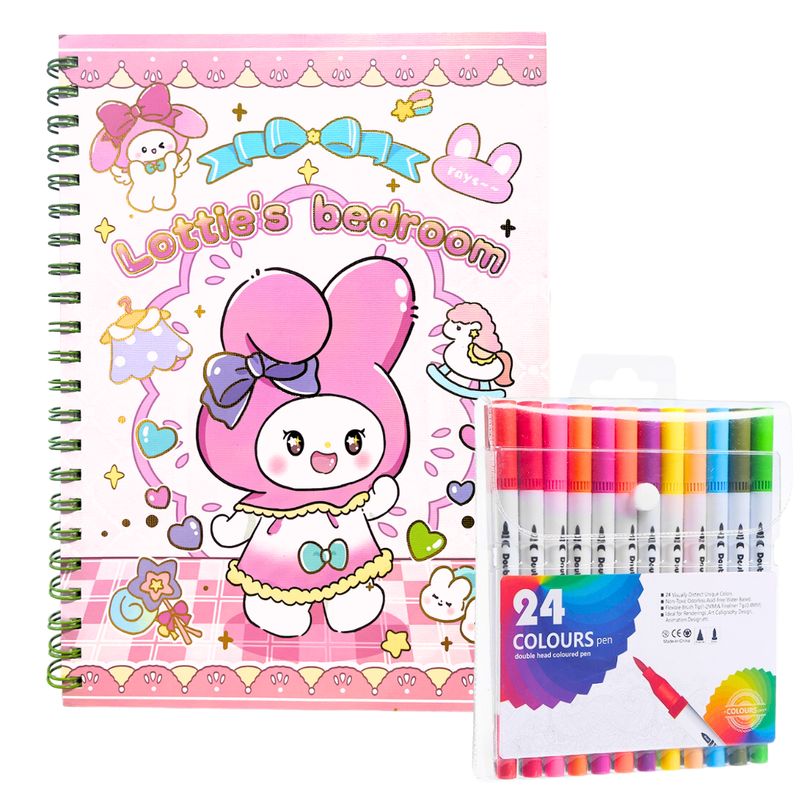 GENERICO - Croquera Tierna Block De Dibujo A4 + 24 Plumones Doble Punta