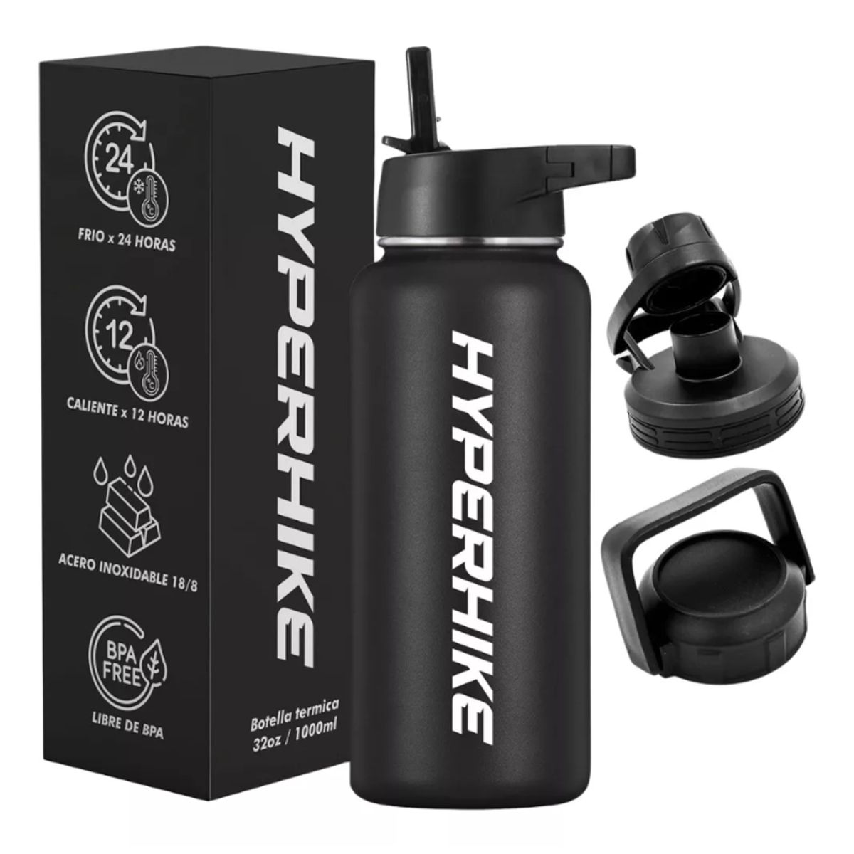 HYPERHIKE - Termo Acero Inoxidable 1lt Hyperhike Botella Térmica 3 Tapas