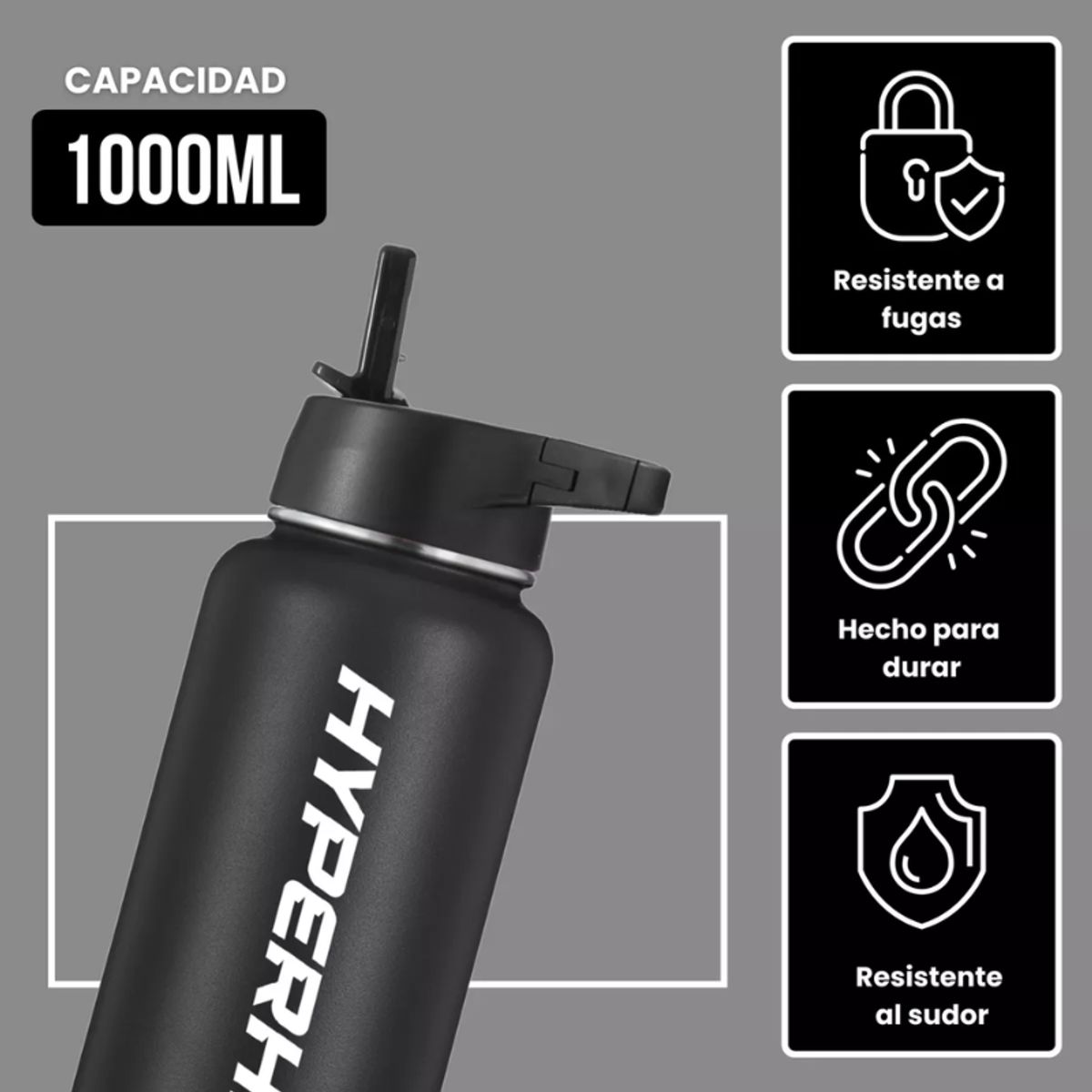 HYPERHIKE - Termo Acero Inoxidable 1lt Hyperhike Botella Térmica 3 Tapas