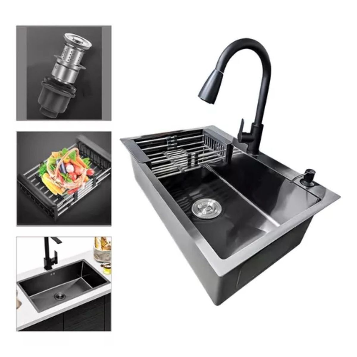 GENERICO - Lavaplatos 68x45cm De Acero Con Llave Dual Full Accesorios Negro