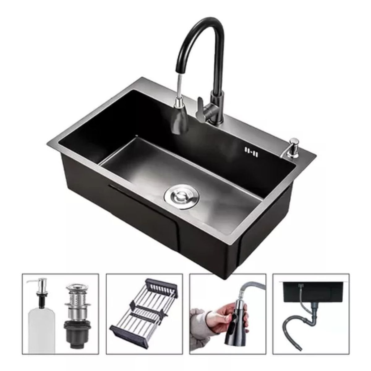 GENERICO - Lavaplatos 68x45cm De Acero Con Llave Dual Full Accesorios Negro