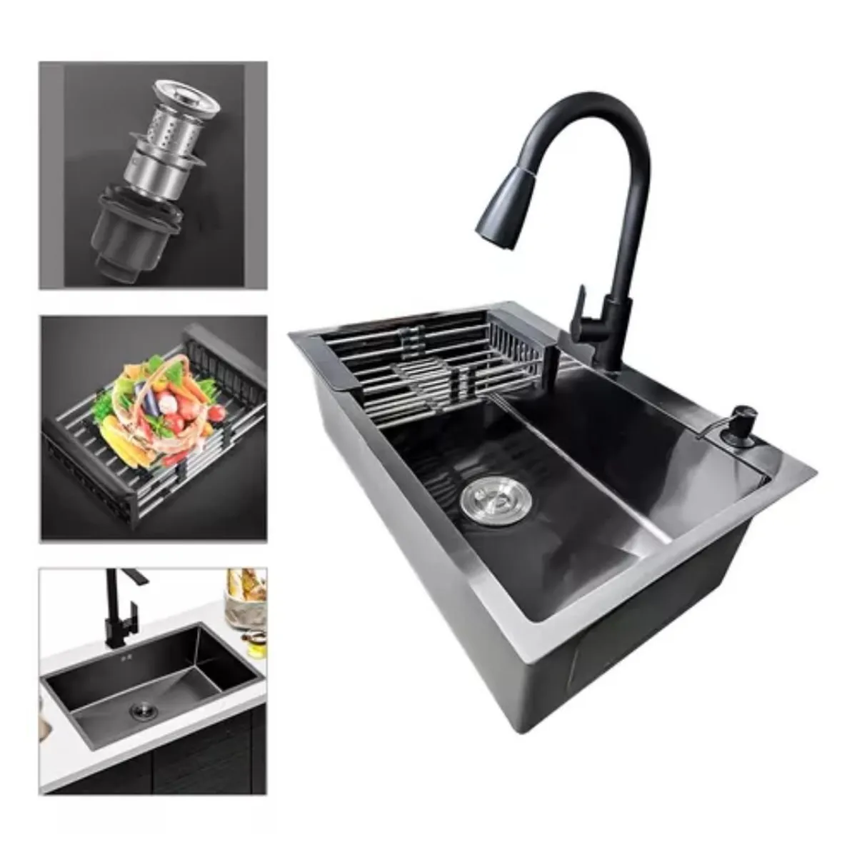 GENERICO - Lavaplatos 60x45cm De Acero Con Llave Dual Full Accesorios Negro