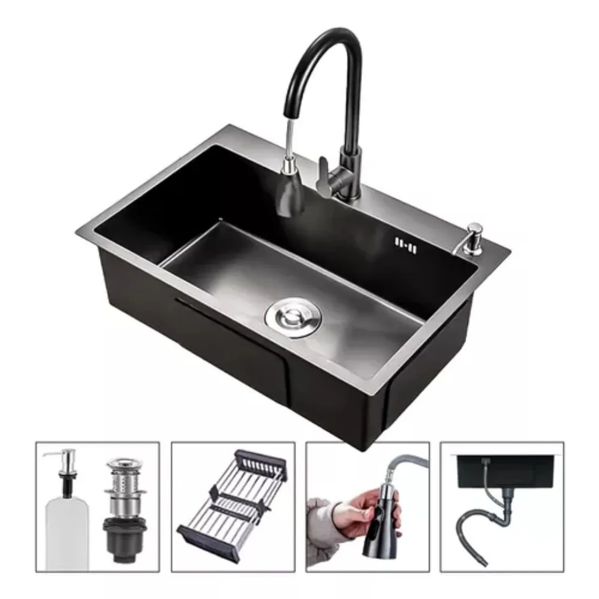 GENERICO - Lavaplatos 60x45cm De Acero Con Llave Dual Full Accesorios Negro