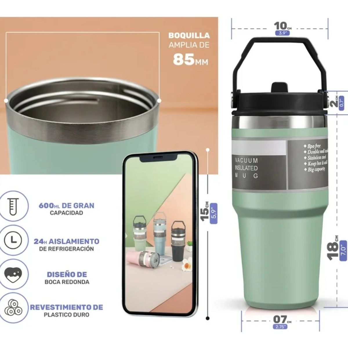 GENERICO - Vaso Térmico Termo Mug Acero Inoxidable Portátil 600 Ml