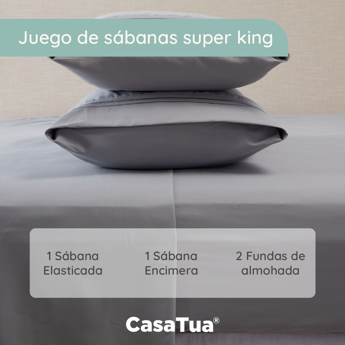 CASATUA - Sabana 1800 Hotel Ultra Suave Funda Bordada - Gris - Super King