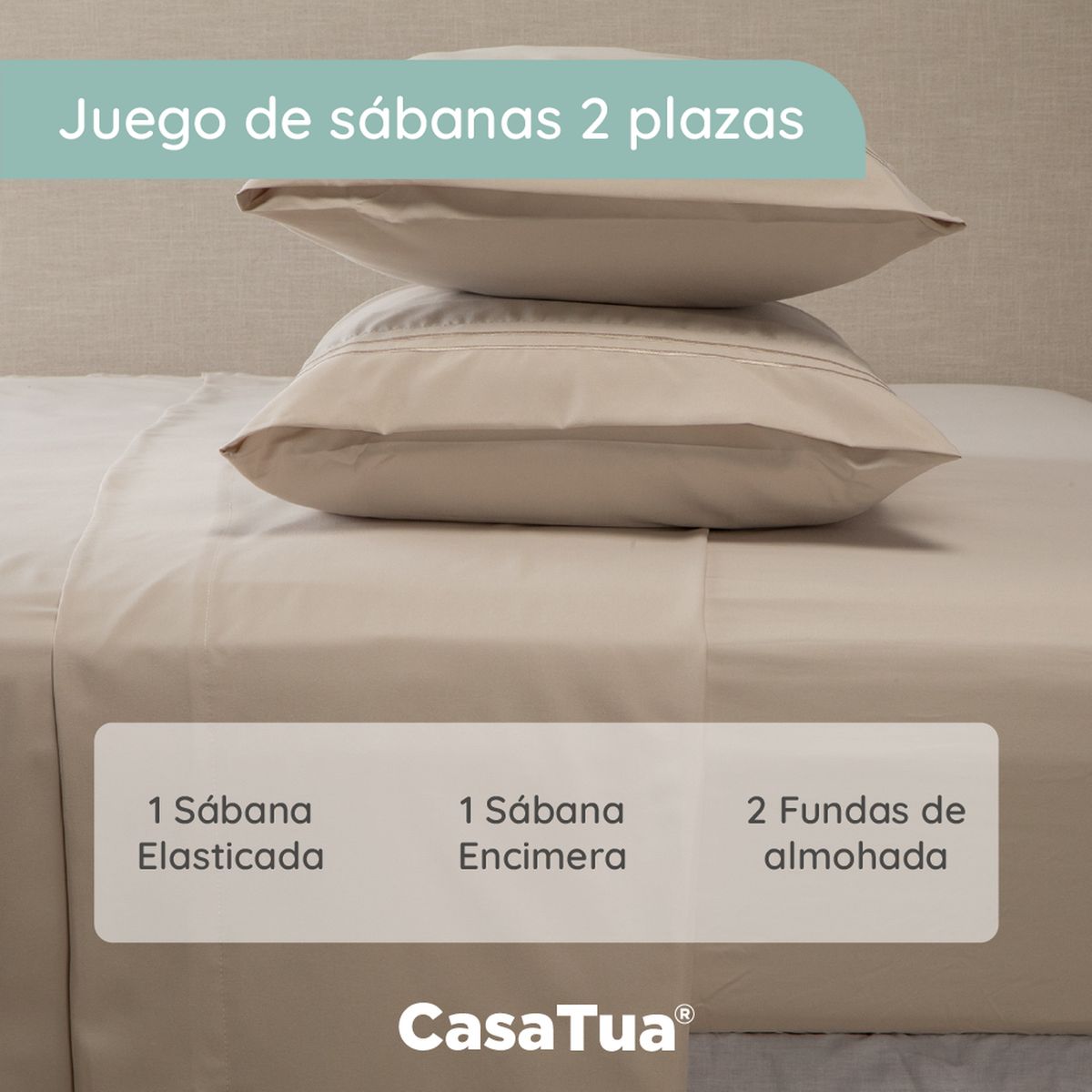 CASATUA - Sabana 1800 Hotel Ultra Suave Funda Bordada - Beige - 2 Plazas
