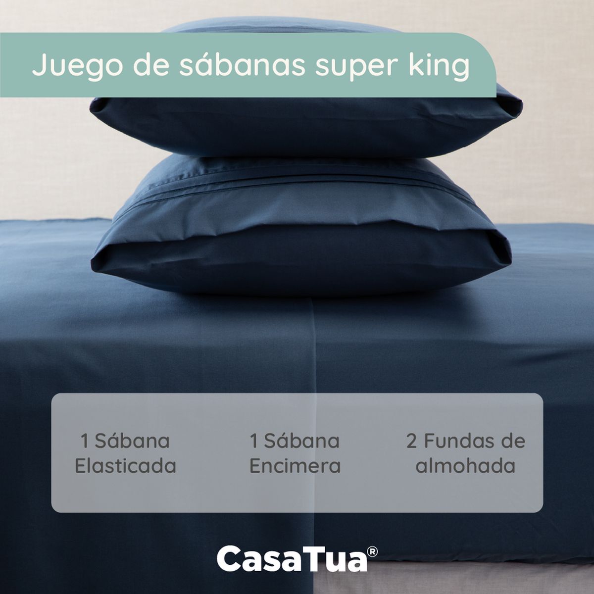 CASATUA - Sabana 1800 Hotel Ultra Suave Funda Bordada - Azul marino - Super King