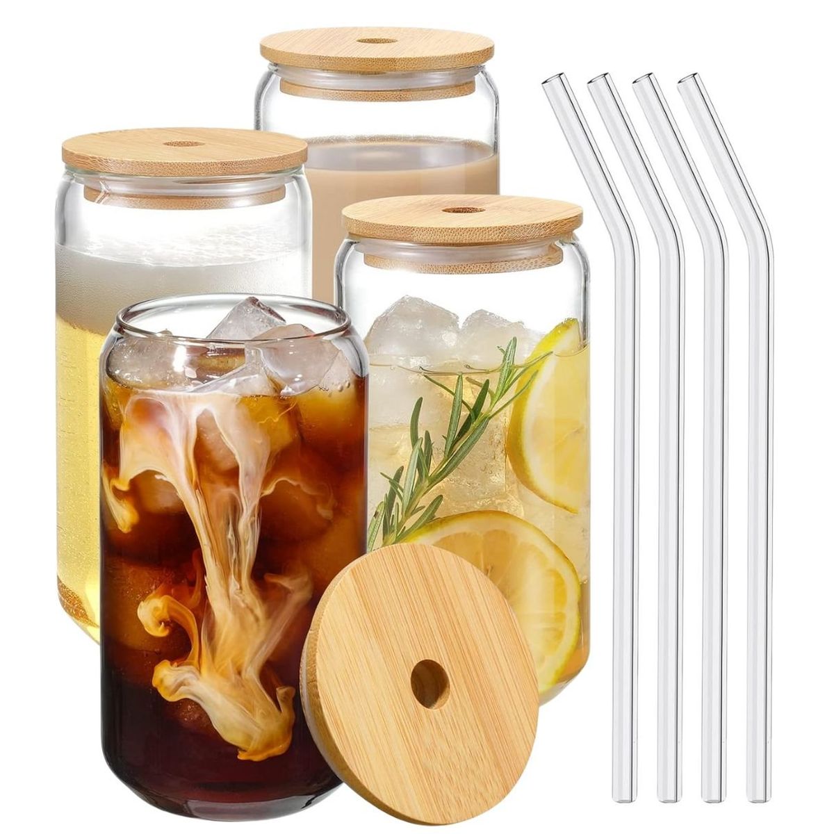 GENERICO - Pack 4 Vaso Lata De Vidrio Con Bombilla Tapa De Bambu 550ml