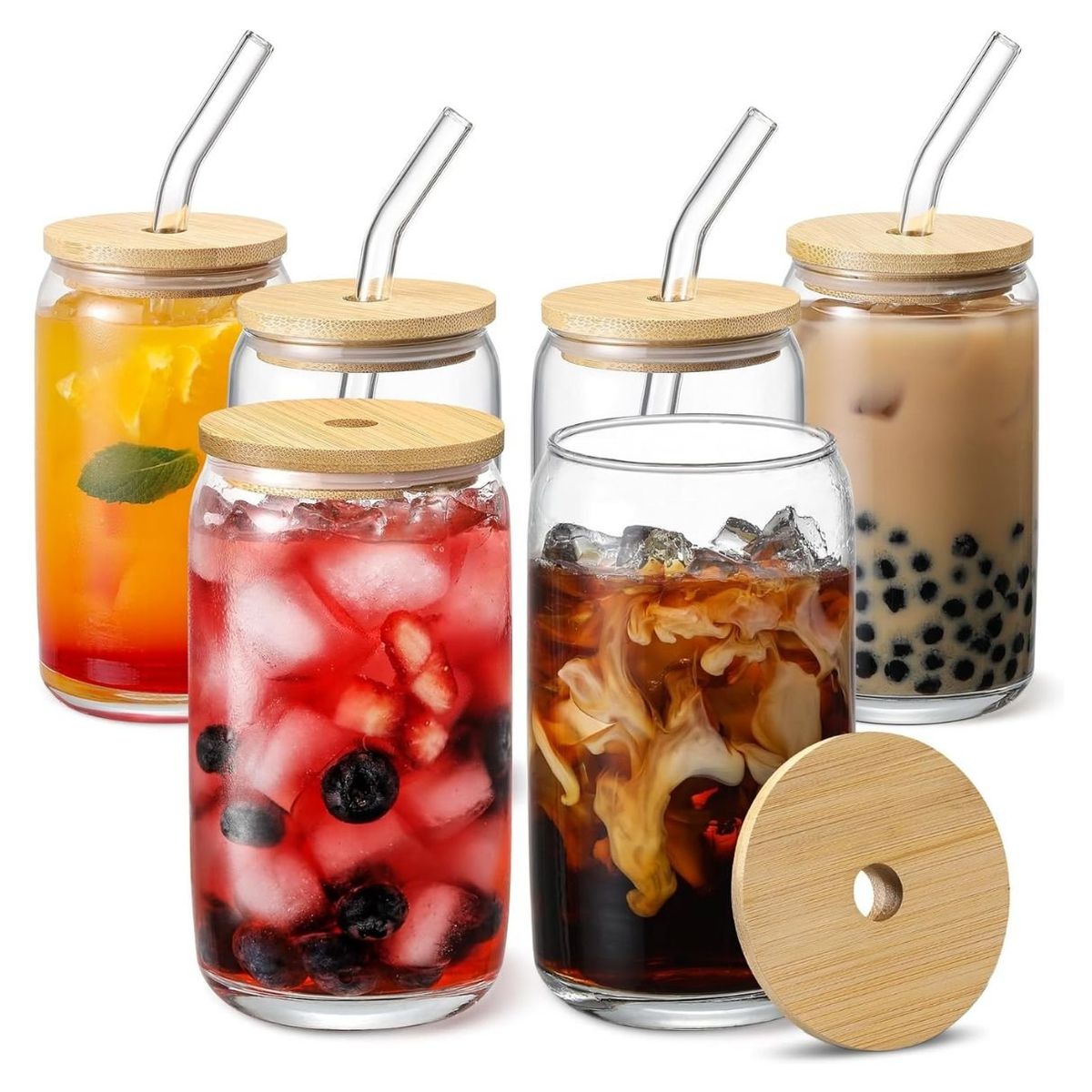 GENERICO - Pack 4 Vaso Lata De Vidrio Con Bombilla Tapa De Bambu 550ml