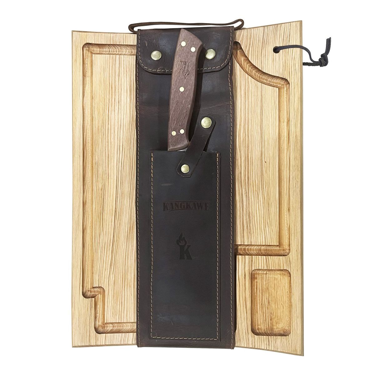 KANGKAWE - Set Parrillero Tabla + Cuchillo Con Funda De Cuero Café