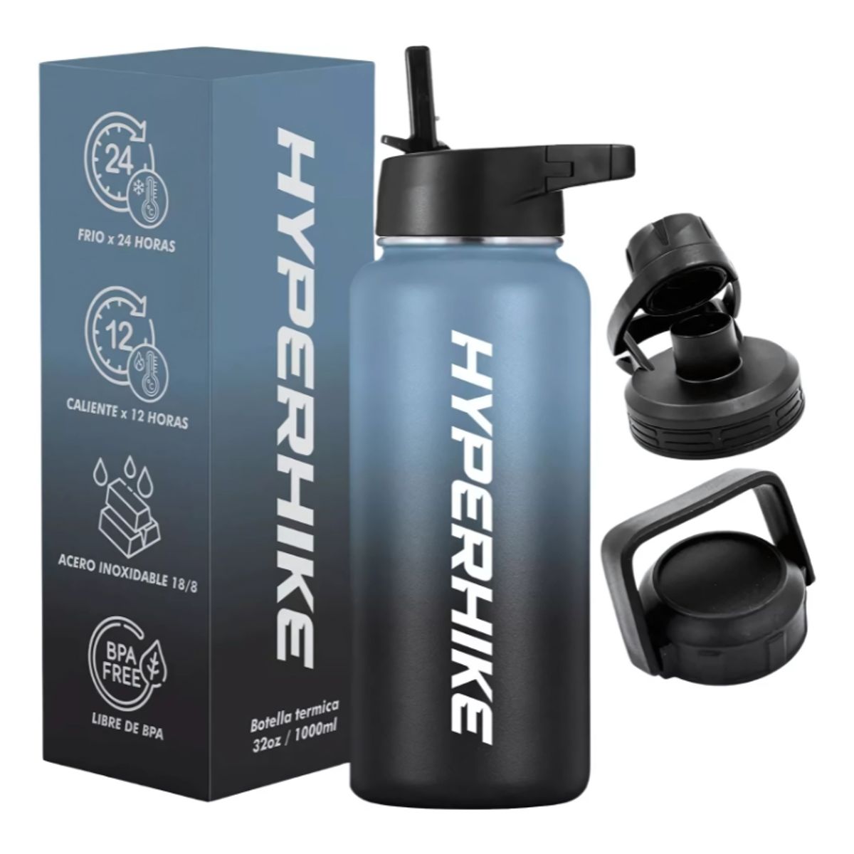 HYPERHIKE - Termo Acero Inoxidable 1lt Hyperhike Botella Térmica 3 Tapas