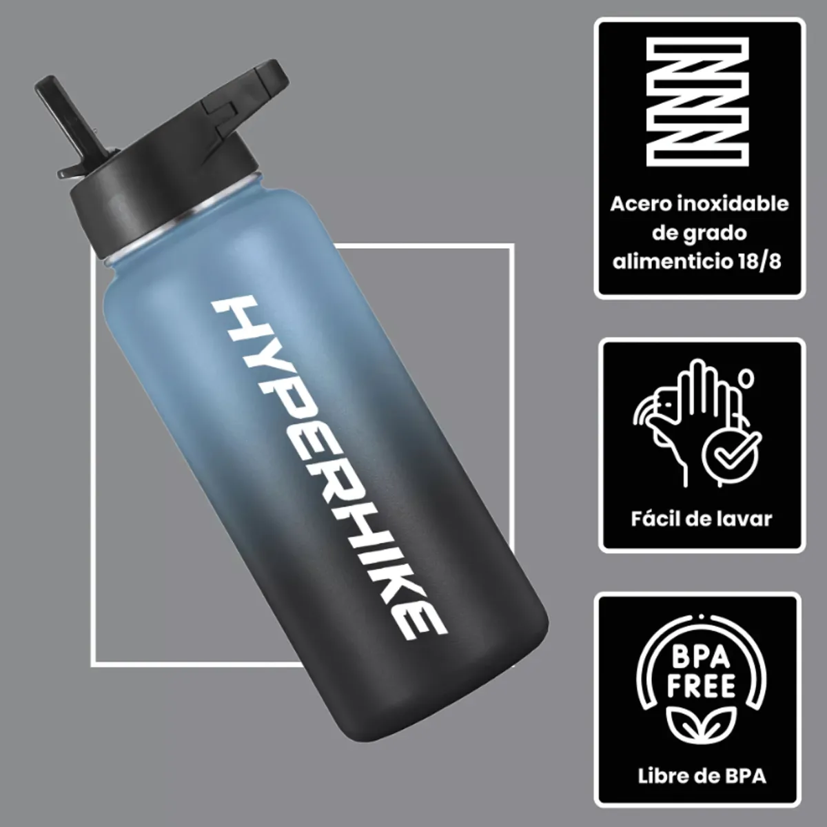 HYPERHIKE - Termo Acero Inoxidable 1lt Hyperhike Botella Térmica 3 Tapas