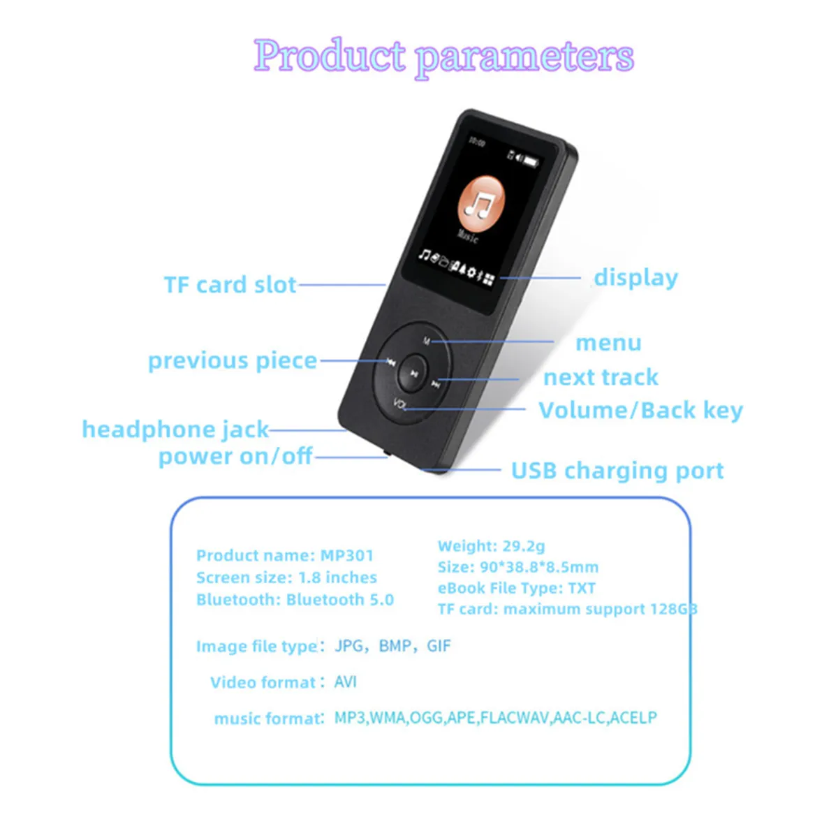 VENUS MIA - Reproductor de música bluetooth mp3 16GB Negro