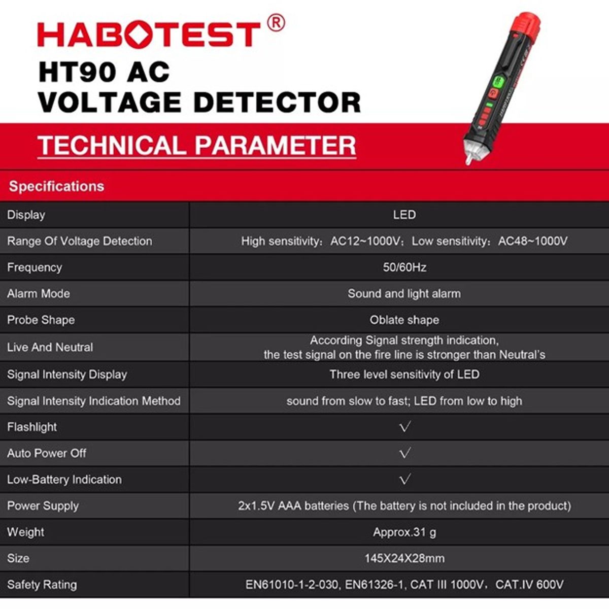 GENERICO - Lapiz detector Voltaje 12V  48V1000V AC con linterna
