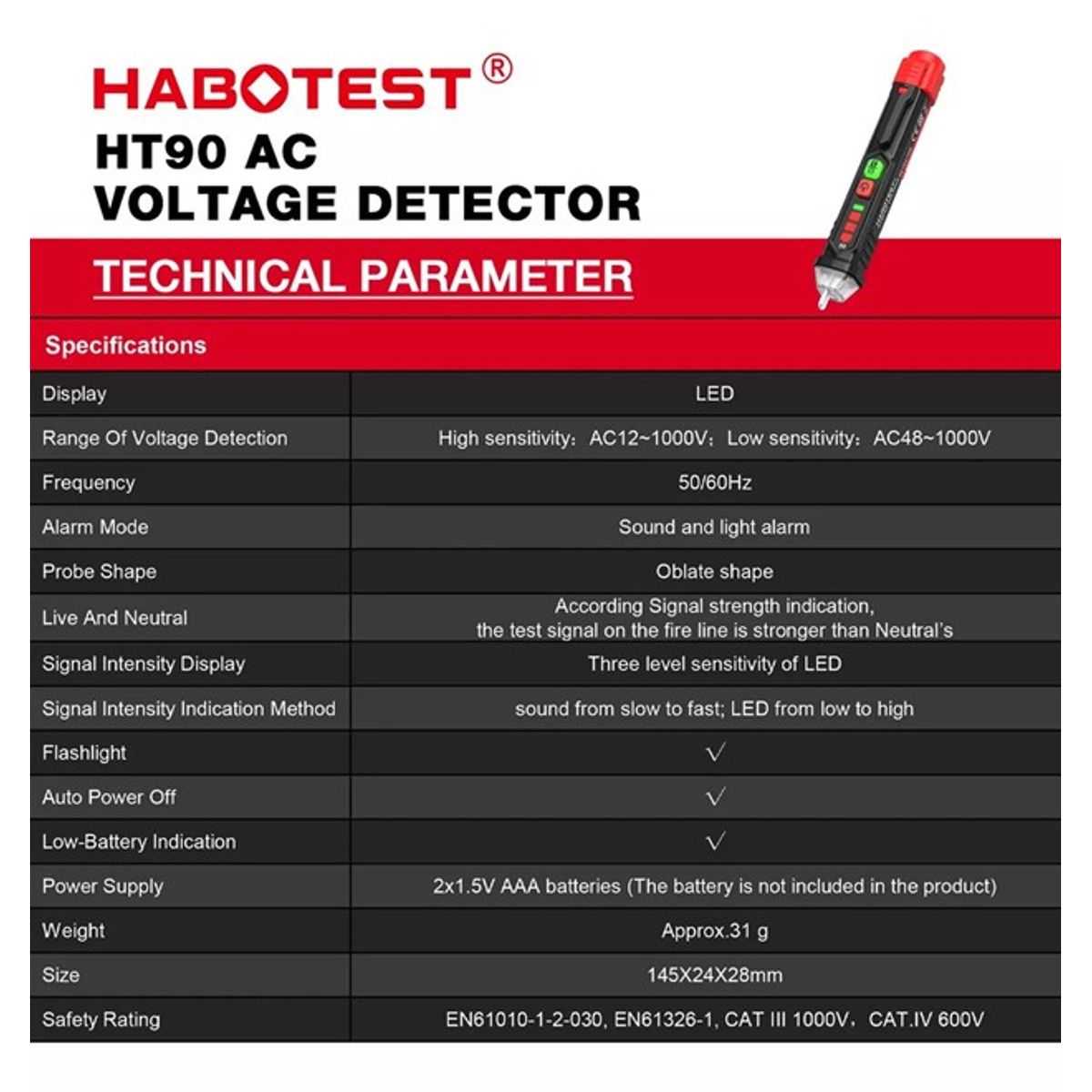 GENERICO - Lapiz detector Voltaje 12V  48V1000V AC con linterna