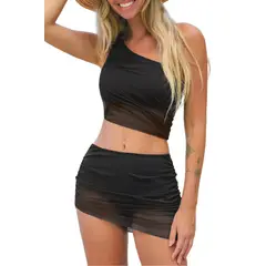 GLORIAHOON - Bikini de un solo hombro y falda de malla