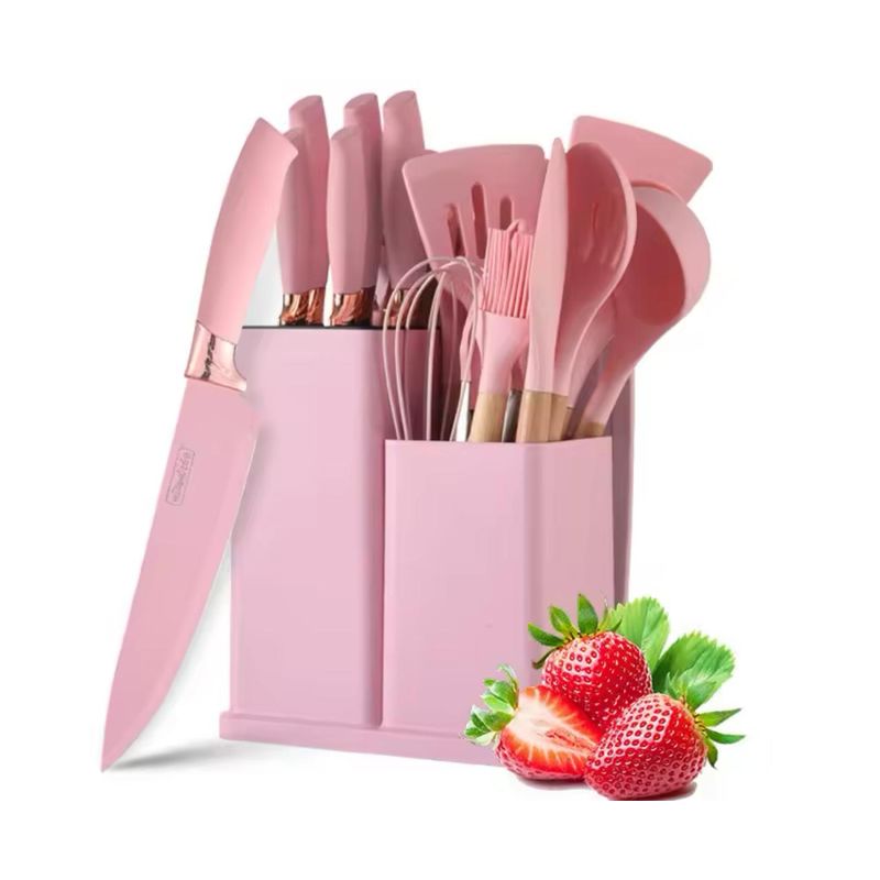 GENERICO - Set De Cocina Juego De Utensilios De Silicona 19Pcs + Tabla Rosa