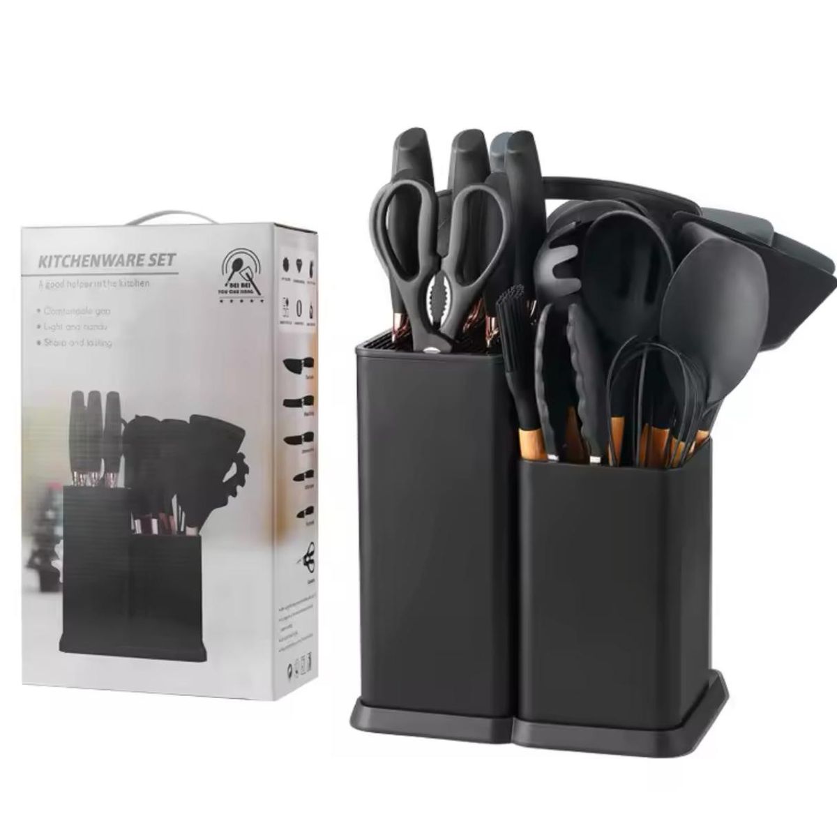 GENERICO - Set De Cocina Juego De Utensilios De Silicona 19Pcs + Tabla Negro