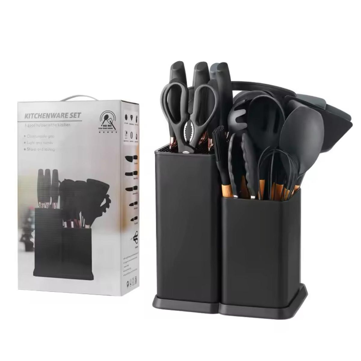 GENERICO - Set De Cocina Juego De Utensilios De Silicona 19Pcs + Tabla Negro