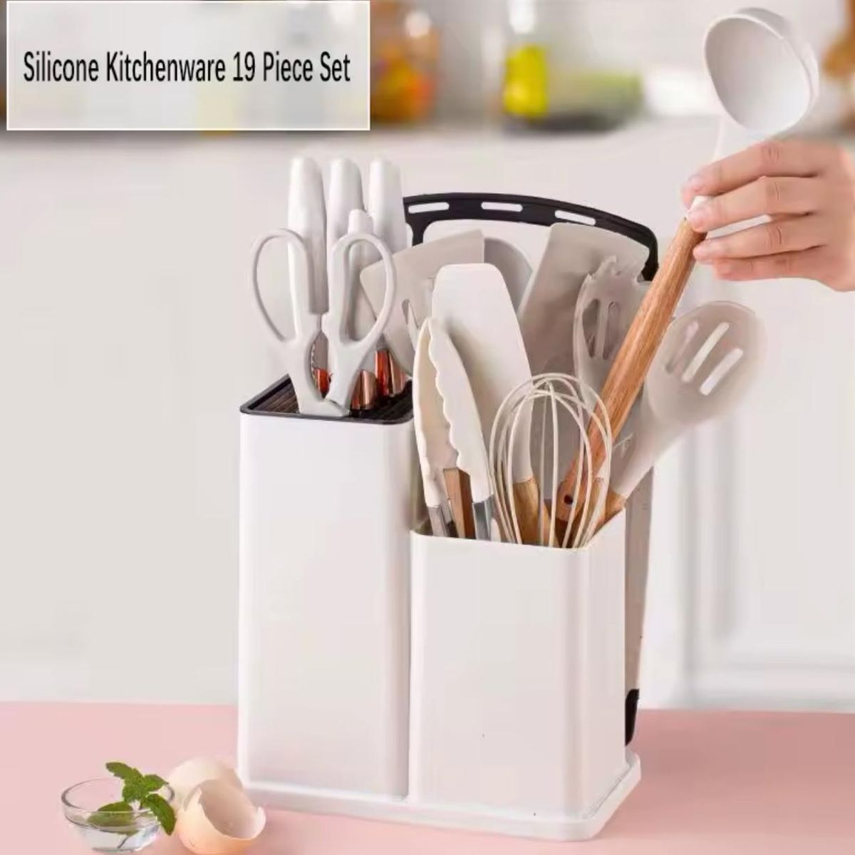 GENERICO - Set De Cocina Juego De Utensilios De Silicona 19Pcs + Tabla Blanco