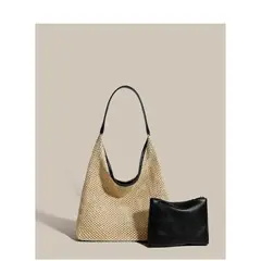DANWEILE - Bolso de mano de paja vintage para mujer - Negro
