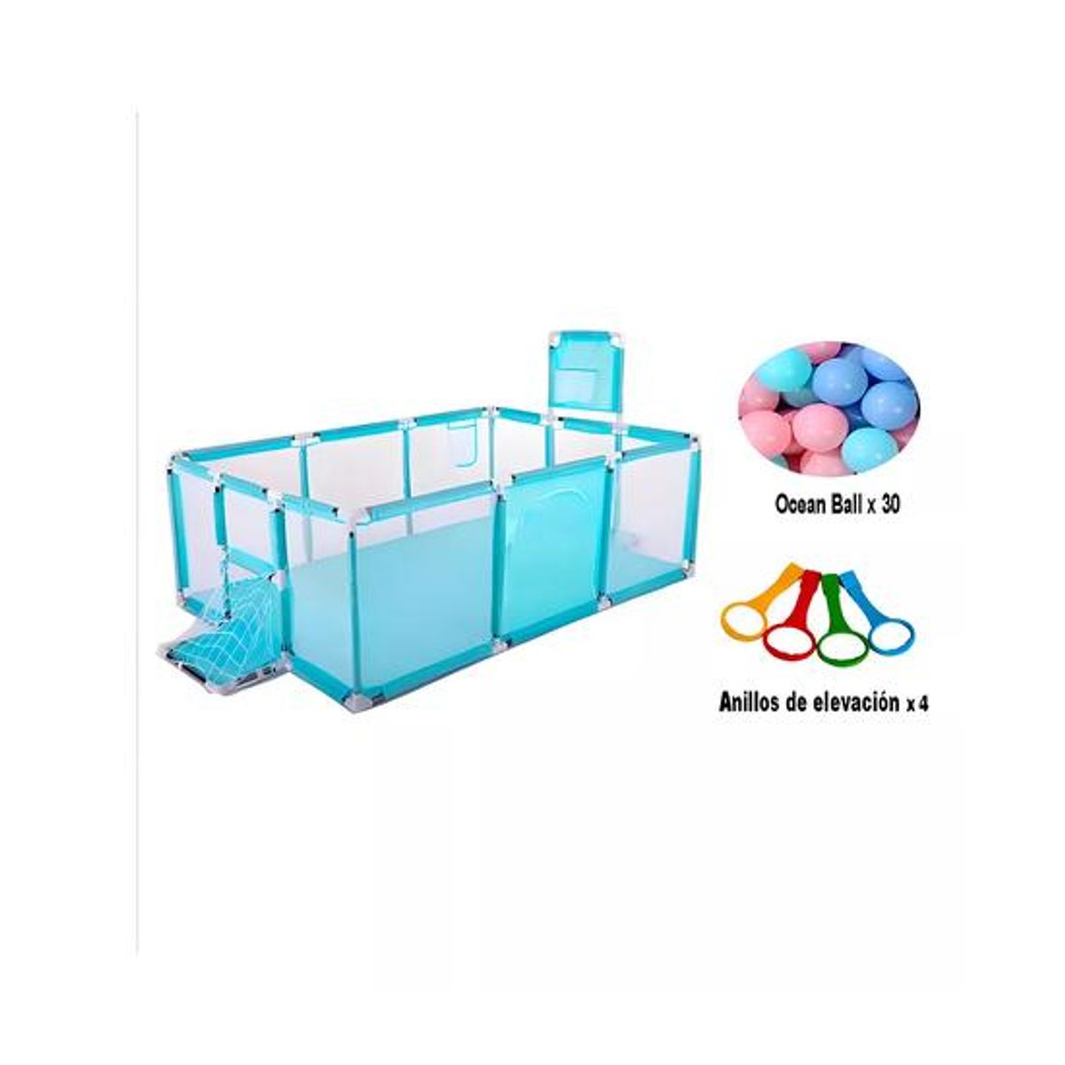GENERICO - Corral de seguridad aro de basket fútbol + pelotas celeste