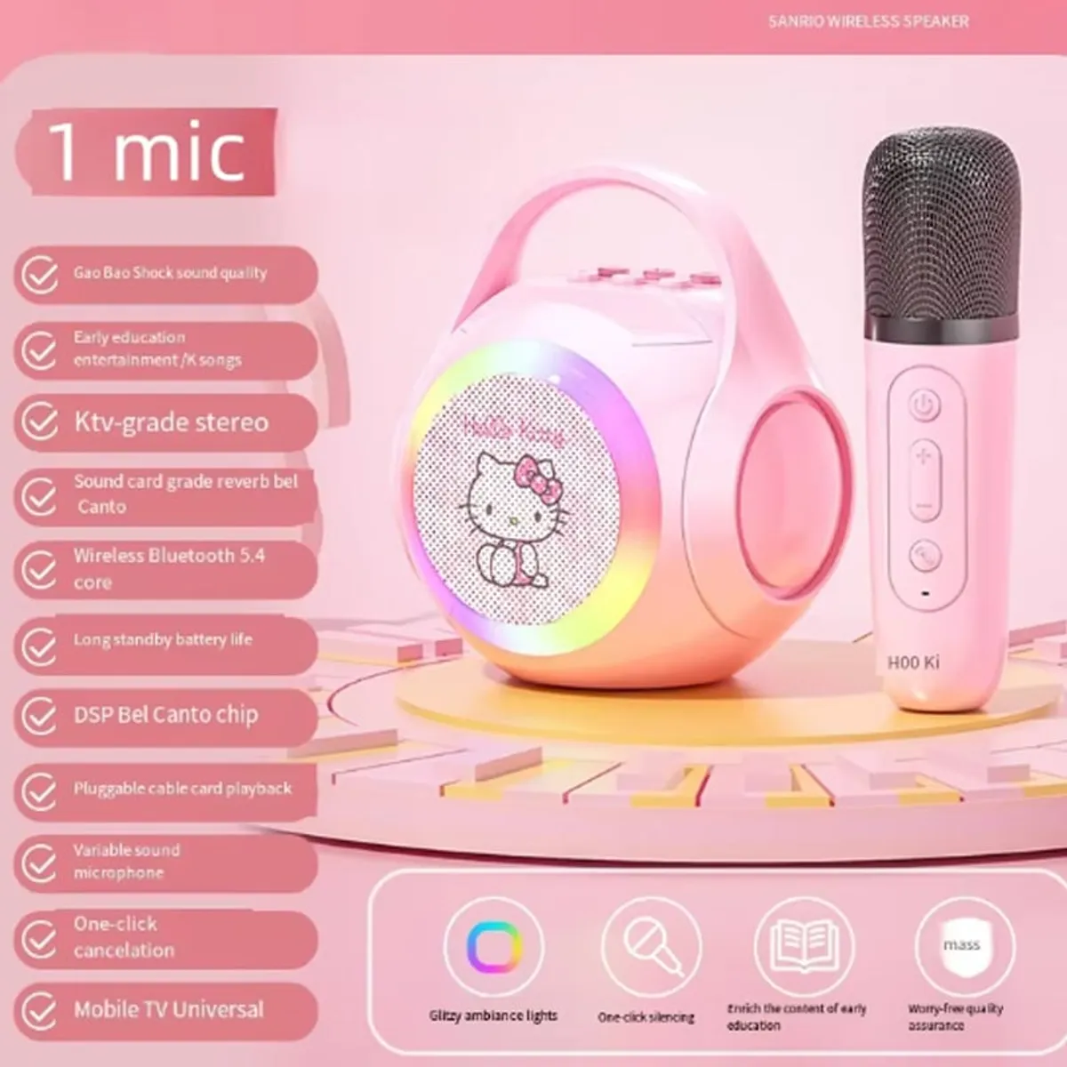 BRO TOUMI - HalloKitty 3 IN 1 LED charging BT karaoke speaker y 1 microphones-Rosa